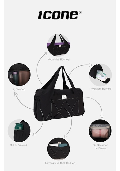 İcone Bag Kadın Spor Ve Yoga Çantası Çok Cepli, Ayakkabı Bölmeli, Lastik Detaylı, Fermuarlı Ön Cep Siyah