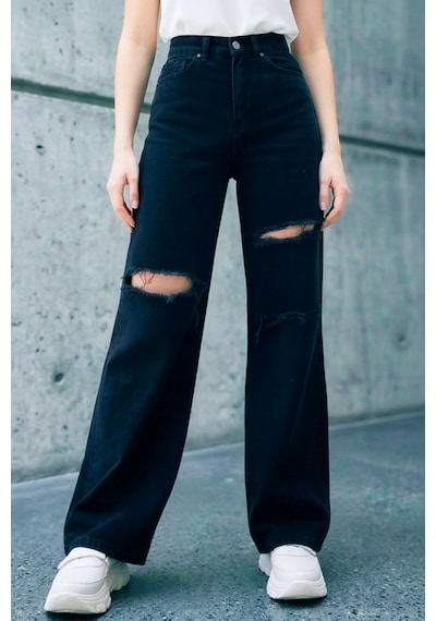 Woddi Bella Siyah Salaş Dizi Yırtık Rahat Kesim Palazzo Jeans Kot Pantolon
