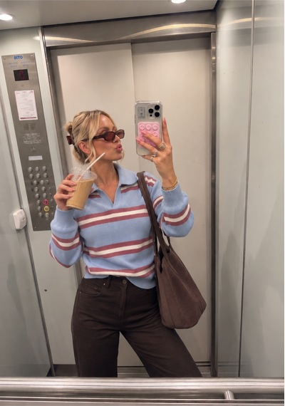 Nilza İstanbul Kadın Bebe Mavi Polo Yaka Oversize Çizgili Triko Kazak Mavi