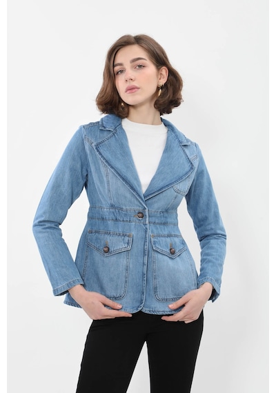 Kadın Uzun Kollu Tek Düğmeli Jean Ceket Açık Mavi Açık Mavi