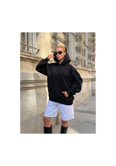 Zdnjeans Kadın Taşlı Kanat Baskılı Oversize Kapüşonlu Sweatshirt siyah
