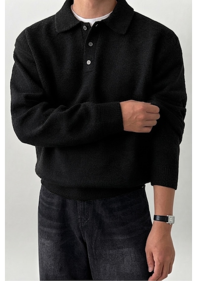 Serablanka Erkek Polo Yaka Oversize Triko Kazak Rahat Kalıp Siyah