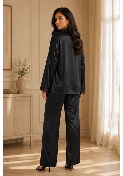 Loule Kadın Siyah Sabahlıklı Uzun Saten Pijama Takımı 3 Parça