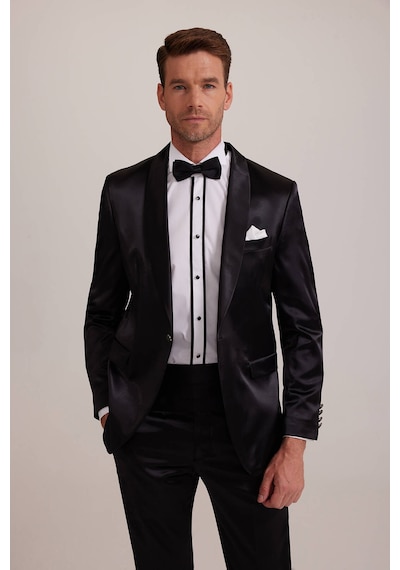Ysf Erkek Siyah Slim Fit Şal Hakim Yaka Damatlık