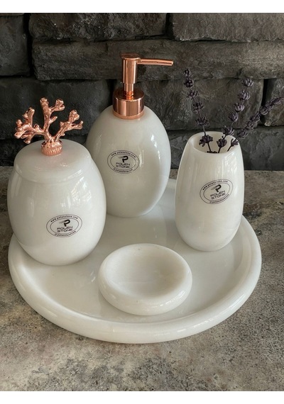 Beyazı Mermer Rose Gold Mercan Aksesuarlı Oval 5,li Banyo Seti Beyaz