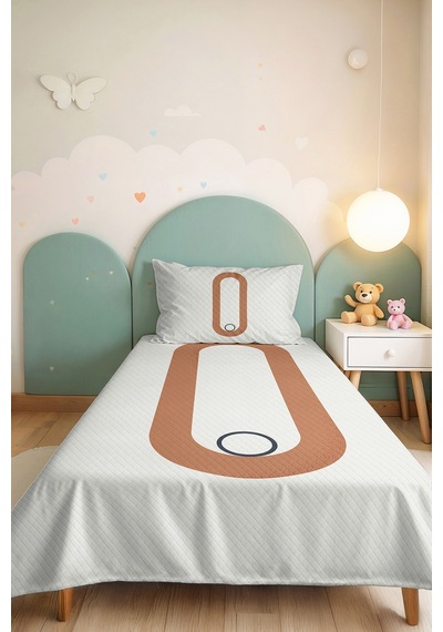 Minimal Bej Geometrik Genç Odası Tek Kişilik Pike Takımı - Ekru Antrasit 160x220 Cm Yatak Örtüsü Gölge Doku Örtüsü