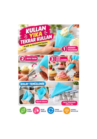 8 Parça Silikon Krema Sıkma Torbası Seti 6 Metal Duy Başlıklı Pasta Kek Cupcake Süsleme Aparatı Seti Çok Renkli