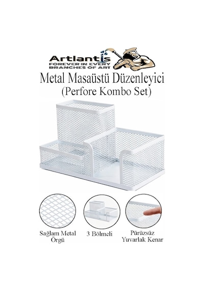 Masaüstü Metal Kalemlik Seti 3 Lü Kombo 1 Paket Fileli Perfore Renkli Kalemlik Kağıtlık Küpnotluk Düzenleyici Beyaz