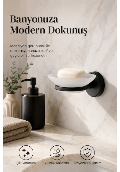 Alper Banyo Lotus Yapışkanlı Mat Siyah Sabunluk, Plastik Tabaklı