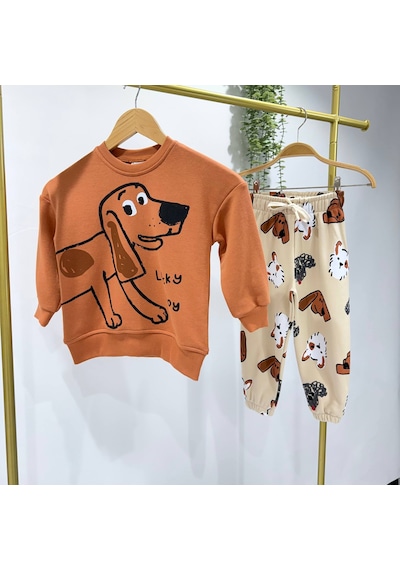 Monila Erkek Çocuk Köpek Baskılı Eşofman Alt Üst Takım Kahverengi