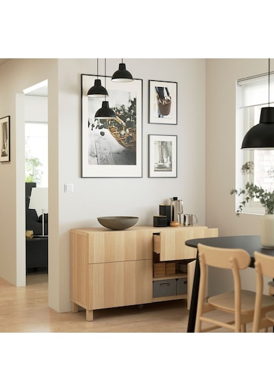 Dolap Kombinasyonu, Ağartılmış Meşe Görünümlü, 120x40x74 Cm, Lappvıken, Fren Raylı Ahşap