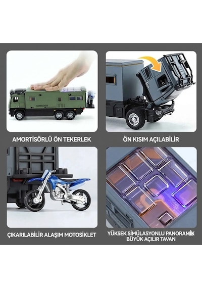 Motosikletli Karavan Kamyon Modeli - 23 Cm Sesli Işıklı, Açılabilir Tavanlı Çek Bırak Metal Kamp Oyuncağı