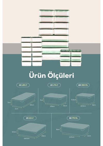 Vienev Buzdolabı Düzenleyici Organizer Mikrodalgaya Uygun Difriz Saklama Kabı Yeşil 30'lu Yeşil