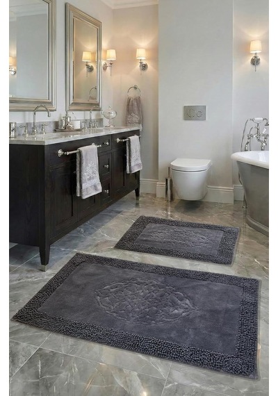 Pamukkent Süper Emici 2'li%100 Pamuk Ultra Lüks Banyo Paspası Seti 60x100 Cm Ve 50x60 Cm Antrasit Altın - Beyaz - Siyah