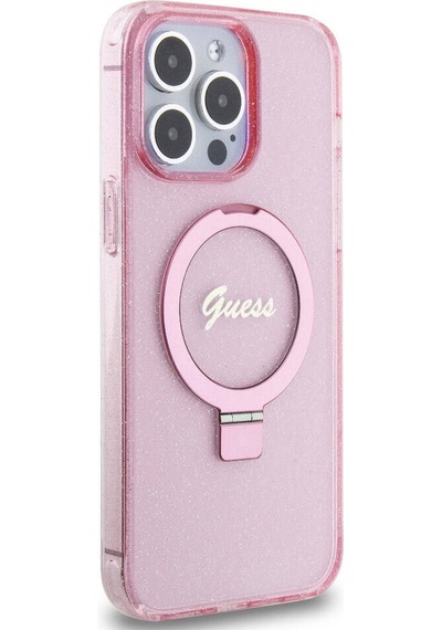Apple Uyumlu iPhone 15 Pro Max Kılıf Guess Lisanslı Magsafe Özellikli Simli Ring Standlı