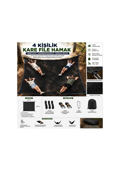 4 Kişilik Kare File Hamak 250x250 Cm Kamp Bahçe Piknik Hamağı Geniş Ve Dayanıklı Siyah 4 Kişilik Kare File Hamak 250x250 Cm Kamp Bahçe Piknik Hamağı Geniş Ve Dayanıklı Siyah