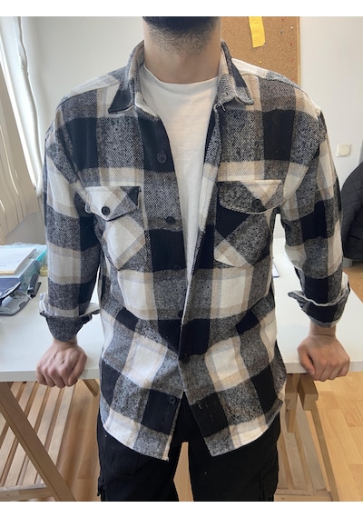 Erkek Krem-beyaz-siyah Çift Cep Kapaklı Slim Fit Oduncu Gömlek Krem-beyaz-siyah