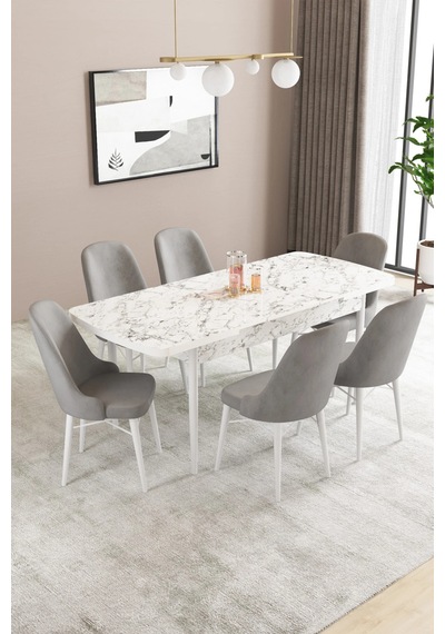 Familieconcept Almira Serisi, Beyaz Mermer Desen 80x132 Açılabilir Mdf Mutfak Masası Takımı 6 Adet Sandalye Gri Familieconcept Almira Serisi, Beyaz Mermer Desen 80x132 Açılabilir Mdf Mutfak Masası Takımı 6 Adet Sandalye Gri