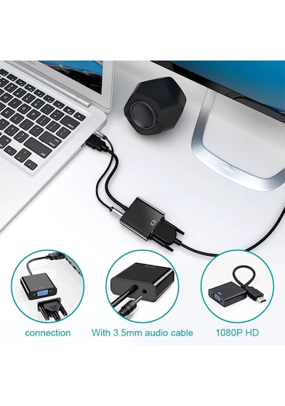 Gabble Hdmı To Vga Çevirici 1080p 3.5mm Ses Çıkışlı Hdmı Erkek Vga Dişi Siyah