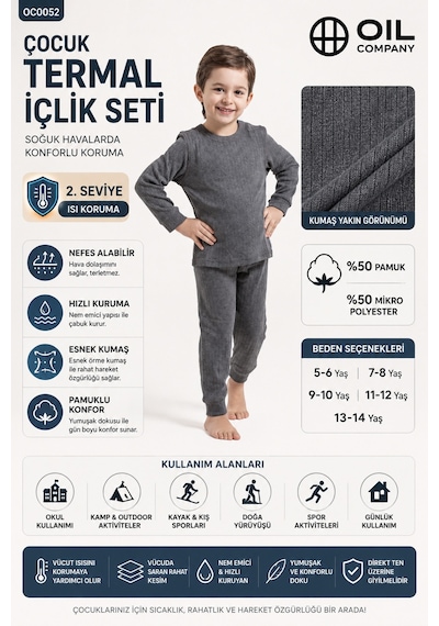 Oıl Company Unisex Esnek Örme Nefes Alabilir Kumaş Çocuk Termal İçlik Set Alt Üst Takım Antrasit-01 Oıl Company Unisex Esnek Örme Nefes Alabilir Kumaş Çocuk Termal İçlik Set Alt Üst Takım Antrasit-01