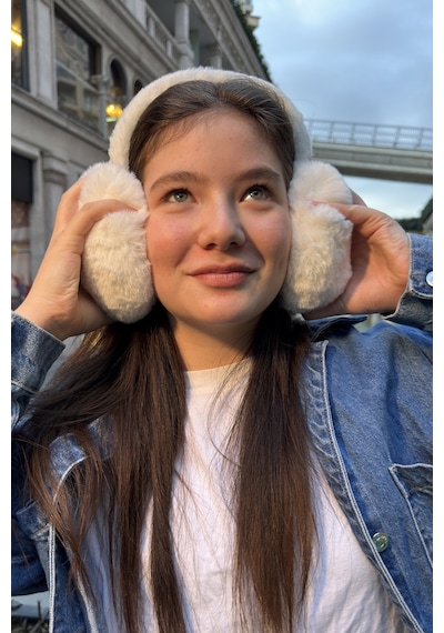 Mollycrush Genç Beyaz Peluş Kulaklık Uniseks Kışlık Yumuşak Kulak Koruyucu Beyaz