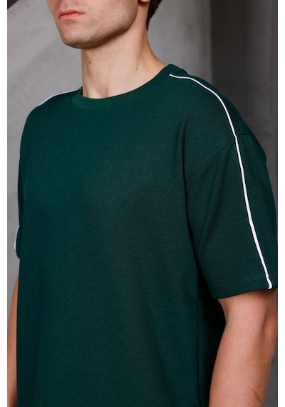 Erkek Şeritli Oversize Bisiklet Yaka 2 İki İplik Kompakt T-shirt Nefti