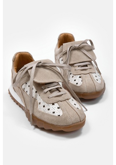 Minova Bej Hakiki Deri Kadın Sneaker Bej