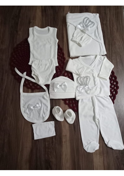 Petite Ponpon Baby 10 Lu Hastane Cıkışı Seti Kraliçe Taçlı Gümüş Beyaz