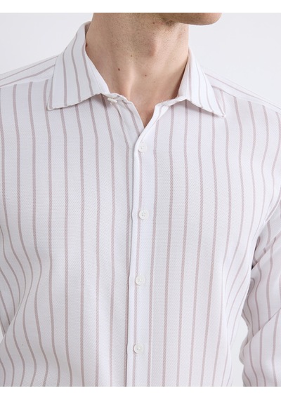 Lcw Busıness Bej Slim Fit Uzun Kollu Çizgili Armürlü Erkek Gömlek
