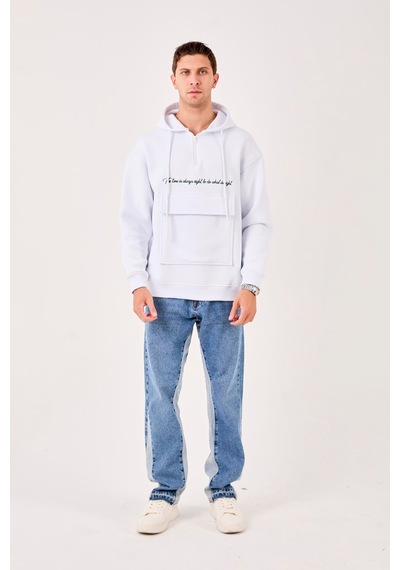 X-4005 Kapüşonlu Yarım Fermuarlı Sweat Beyaz