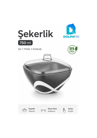 Dolpfin 750 Ml Kapaklı Şekerlik Siyah Beyaz Masaüstü Toz Ve Küp Şeker Kabı Bpa İçermez