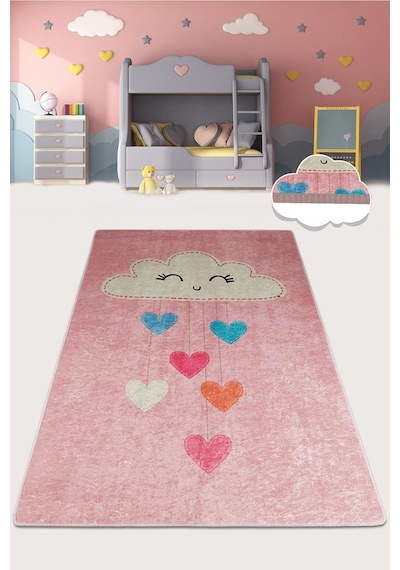 Baby Cloud Pembe Çocuk Halısı Djt Çocuk ve Bebek Halısı Yıkanabilir ,Kaymaz Taban Leke Tutmaz Pembe