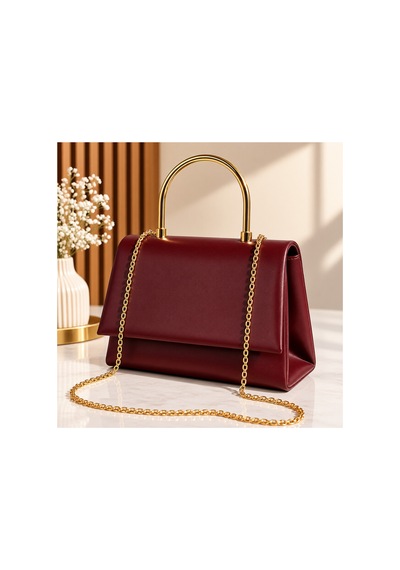 Names Bag Zincir Askılı Abiye Omuz Çnatası - Gold Metal Kulplu Şık Davet Çantası Bordo Bordo