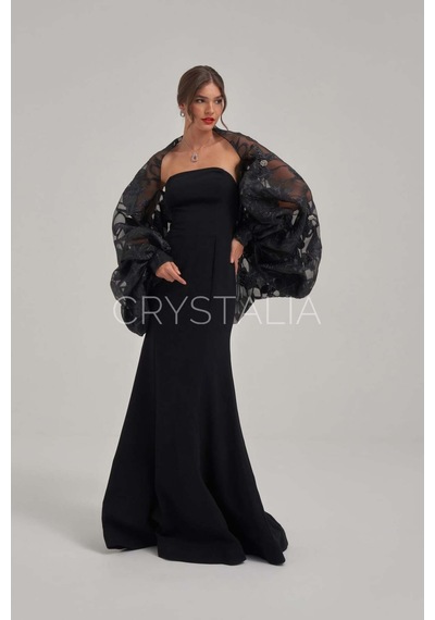 Crystalia Taş İşlemeli Desenli Organze Şal Balık Elbise Siyah