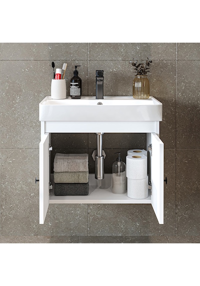 Ada Lavabolu Mat Suntalam Banyo Alt Dolabı 60 Cm Beyaz Mat Beyaz