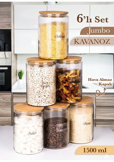 6 Lı Etiketli Cam Kavanoz Seti Büyük Bambu Vakum Kapak Çizgili Erzak Un Bakliyat Saklama Kabı 1,5l Şeffaf