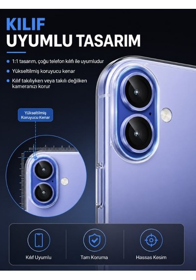 Apple iPhone Uyumlu  15 / 15 Plus Siyah Metal Kamera Lens Koruyucu Safir Cam Ultra Net Hd