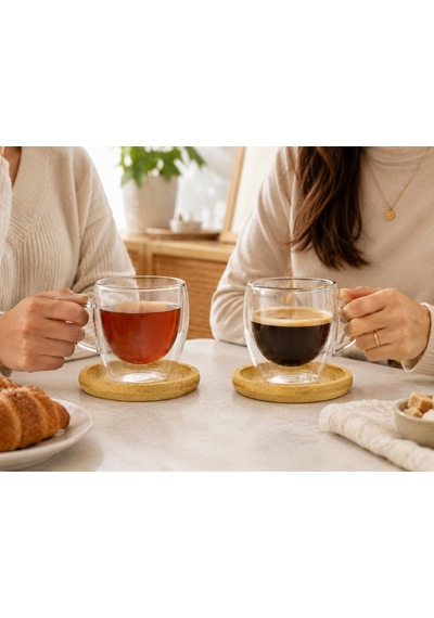 2'li Çift Cidarlı Cam Kupa 90 Ml & Bambu Tabak Seti Isı Korumalı Şeffaf Cam Kahve Fincan Takımı Çok Renkli