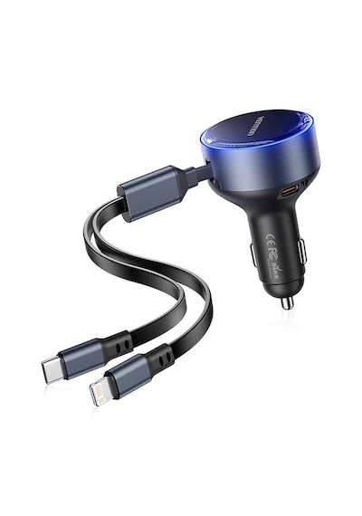 Vention 30w 3 Portlu Kendinden Kablolu Type-c + Lightning Alüminyum Hızlı Araç Şarj Cihazı - Siyah