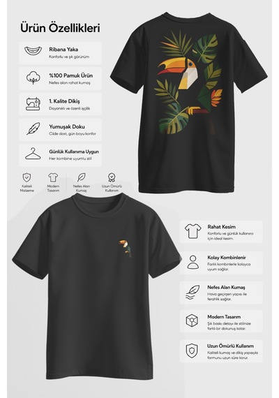 Spoyi Tropik Tukan Tasarımlı %100 Pamuk Yarım Oversize Siyah T-shirt