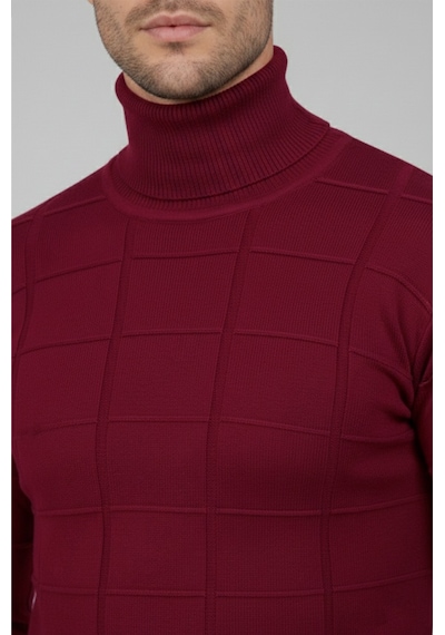 Deepsea Erkek Bordo Kare Desenli Balıkçı Yaka Slim Fit Boğazlı Triko Kazak 2505493 Bordo