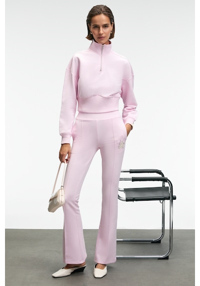 Grımelange THALIA Kadın Arka Baskılı Ve Patch Detaylı Fermuarlı Dik Yakalı Pembe Sweatshirt