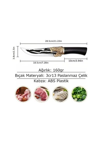 Valkyrie Dragon Tasarım Paslanmaz Çelik Şef Kamp Bıçağı Siyah Saplı, Kılıflı Kasap & Mutfak Kamp Bıçağı Siyah