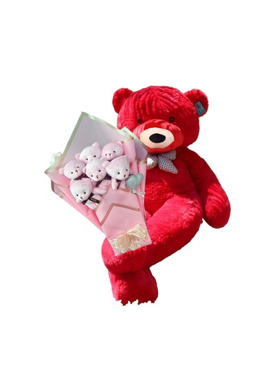 Sevimli 90 Cm Peluş Ayı İle Pembe Konsept Romantik Peluş Ayıcık Buketi Kırmızı