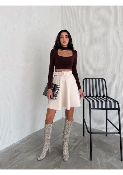 Ozy Fashion Kadın Krem Rengi Midi Boy Kemerli Süet Kloş Etek Krem