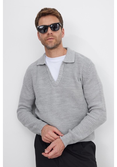 Tudors Erkek Slim Fit Dar Kesim Polo Yaka Gri Kazak-41796 Açık Gri