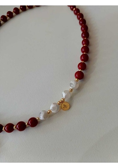 Luna Yeşil Tibet Akiği Lav Taşı Siyah Oniks Süryani Cam Boncuk Detaylı Tasarım Kolye Bordo