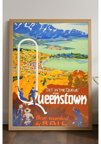 Queenstown Doğal Ahşap Çerçeveli Poster, Dekoratif Seyahat Duvar Tablosu