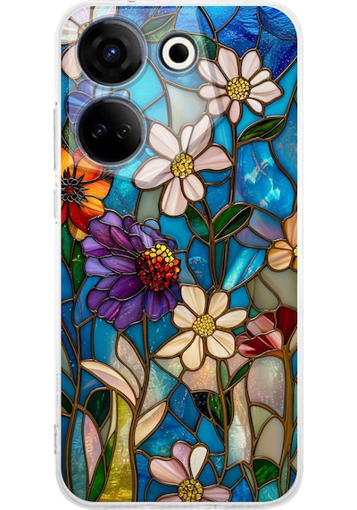 Printify Tecno Camon 20 Pro İle Uyumlu Vitray Mavi Bahar Tasarımlı Şeffaf Silikon Kılıf Şeffaf