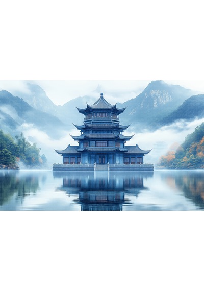 Gölde Japon Tapınağı Poster Duvar Kağıdı Renkli